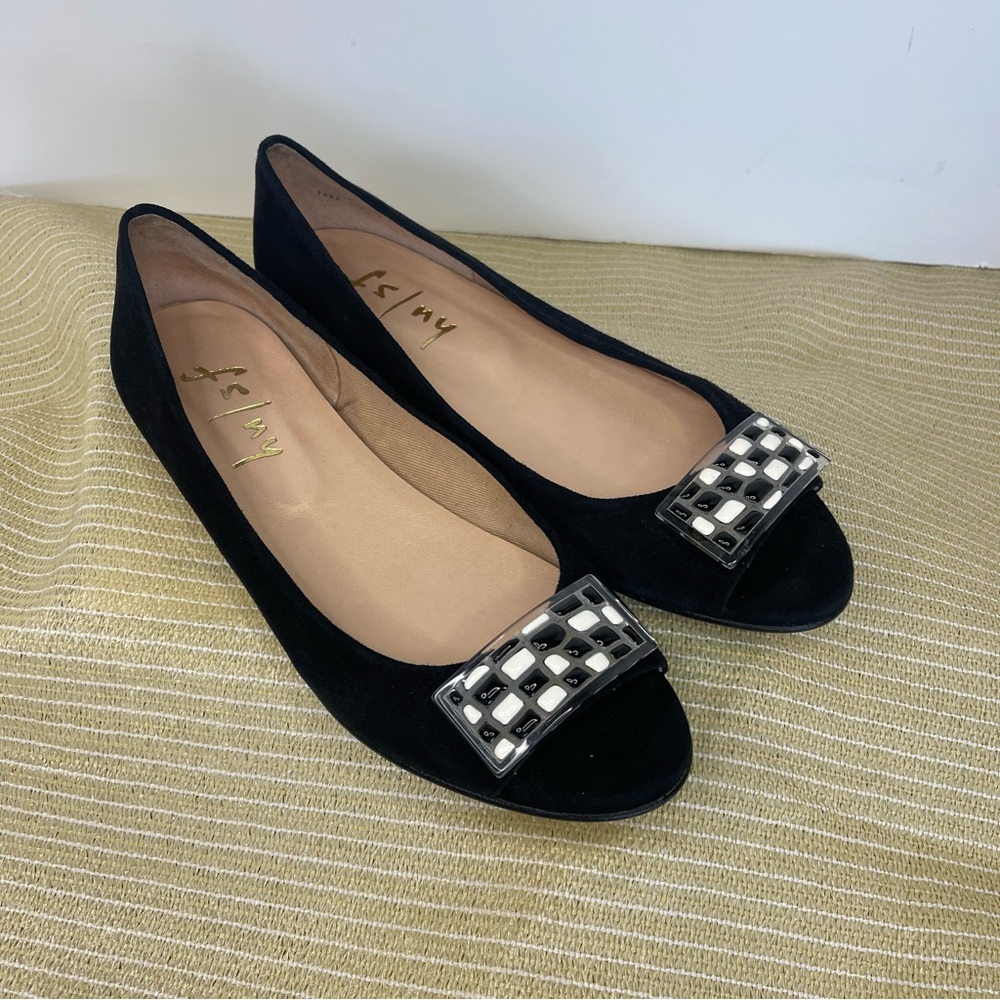 French Sole FS/NY Black ballet open toe Flats with checkerboard buckle.
